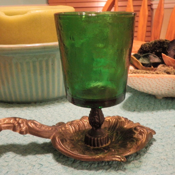 Vintage Cast Metal Votive Candle Holder with Green Glass  Circa 1970's
