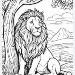 May include: A black and white line drawing of a lion sitting under a tree. The lion has a thick mane and is looking to the right. The background shows a mountain range and a grassy field.