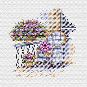 Cozy Chair Cross Stitch Pattern PDF – Summer Floral Porch Cross Stitch Pattern - Cottagecore Small Counted Cross Stitch Chart for Beginners
