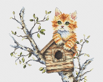 Ginger Cat Cross Stitch Pattern PDF - Kitten on Birdhouse Cross Stitch Design - Cute Cat Cross stitch - Pet Animal Counted Cross Stitch