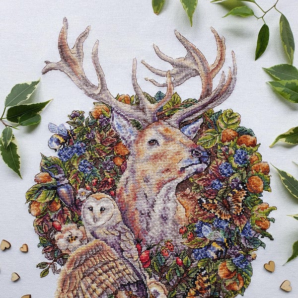 Woodland Wreath Cross Stitch Pattern PDF - Deer, Owl & Forest Animal Cross Stitch Design Digital Download - Rustic Nature Cross Stitch Chart
