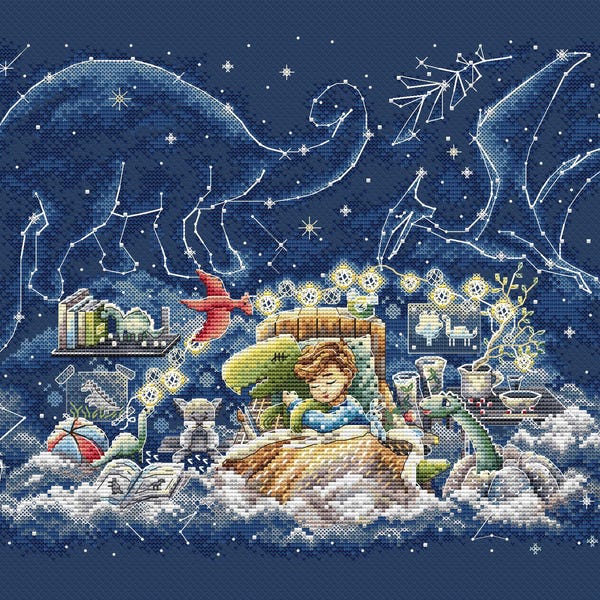 Night Dreams Nursery Cross Stitch Pattern PDF | Fantasy Sky with Dinosaurs Embroidery Design (PDF Download)
