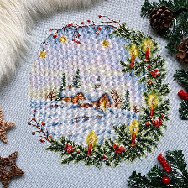 Christmas Cross Stitch Pattern PDF -  Winter Candle Wreath Cross Stitch Design - Snowy Cottage Cross Stitch Chart - Festive Cross Stitch