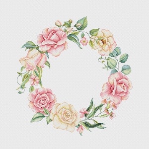 Floral Wreath Cross Stitch Pattern PDF -  Rose and Peony Cross Stitch Design - Botanical Cross Stitch Chart - Cottagecore Cross Stitch