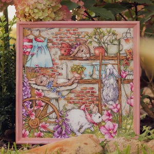 Bunny Garden Cross Stitch Pattern PDF - Cute Rabbit Counted Embroidery Design - Floral Spring Farm Cross Stitch Chart Instant Download