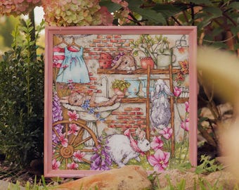 Bunny Garden Cross Stitch Pattern PDF - Cute Rabbit Counted Embroidery Design - Floral Spring Farm Cross Stitch Chart Instant Download