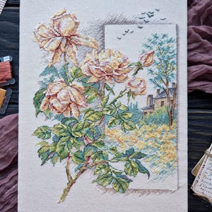 Vintage Rose Cross Stitch Pattern PDF -  Autumn Cottage Garden Embroidery Design - Fall Landscape Counted Cross Stitch | Instant Download