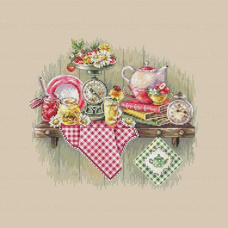 Kitchen Shelf Cross Stitch Pattern PDF - Cozy Tea Still Life Embroidery ...