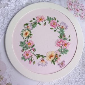 Floral Spring Wreath Cross Stitch Pattern PDF -  Wild Rose Cross Stitch Design - Botanical Hoop Art - Modern Flower Cross Stitch Chart