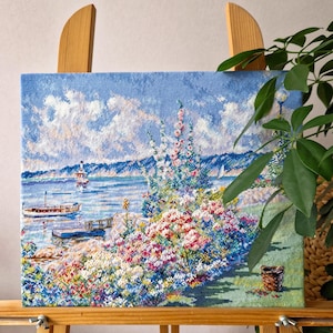 Seaside Garden Cross Stitch Pattern PDF - Coastal Cross Stitch Design Digital Download - Colorful Flowers & Ocean View Cross Stitch Chart