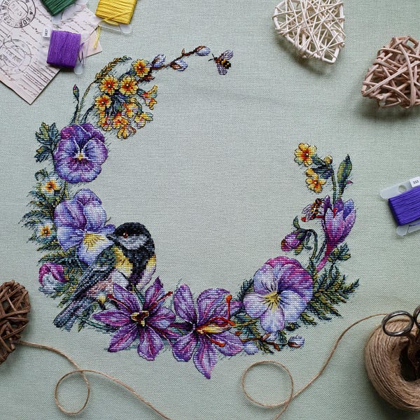 Bird and Floral Wreath Cross Stitch Pattern PDF - Spring Flowers Cross Stitch Design - Pansies Wreath Counted Cross stitch PDF