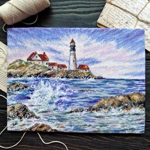 Lighthouse Cross Stitch Pattern PDF | Coastal Ocean Landscape Cross Stitch Design Instant Download - Seaside Scene Cross Stitch Chart