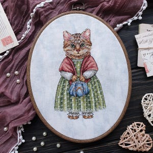 Victorian Tabby Cat Cross Stitch Pattern, Vintage DIY Embroidery Design, Cute Cross stitch Download PDF, Kitten cross stitch