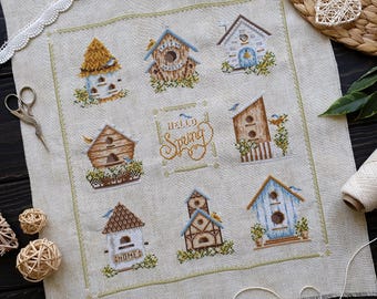 Spring Birdhouses Cross Stitch Pattern PDF | Hello Spring Embroidery Chart | Seasonal Sampler Cross stitch Design Instant Download