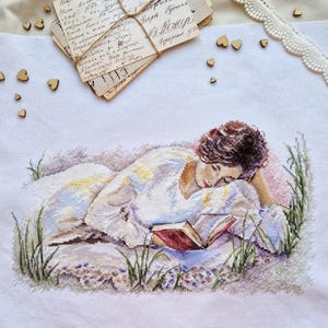 Woman Reading Cross Stitch Pattern PDF -  Girl with Book Cross Stitch Design - Summer Vacation Cross Stitch Chart - Book Lover Cross Stitch