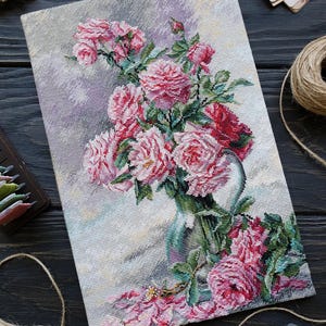 Pink Roses Still Life Cross Stitch Pattern PDF - Floral Shabby Chic Cross Stitch Design PDF Download - Vintage Bouquet Cross Stitch Chart