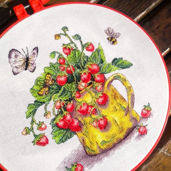 Strawberry Cross Stitch Pattern | Cottage Garden Fruit Embroidery Design (PDF)