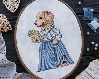 Patrón de punto de cruz de perro, descarga instantánea en formato PDF, punto de cruz vintage DIY, diseño de bordado de labrador, decoración del hogar, animal xstitch