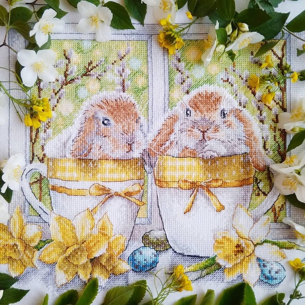 Easter Bunny Cross Stitch Pattern - Spring Floral Rabbit Design (PDF)