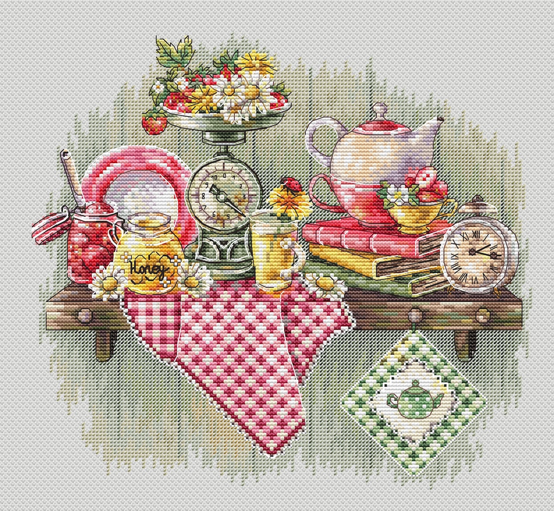 Kitchen Shelf Cross Stitch Pattern PDF - Cozy Tea Still Life Embroidery ...