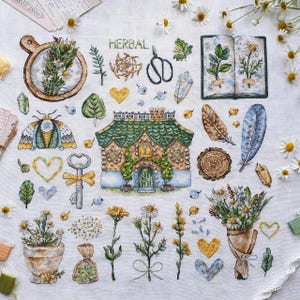 Herbal Cottage Sampler Cross Stitch Pattern PDF - Fairy House, Flower & Moth Cross Stitch Design PDF Download - Botanical Cross Stitch Chart