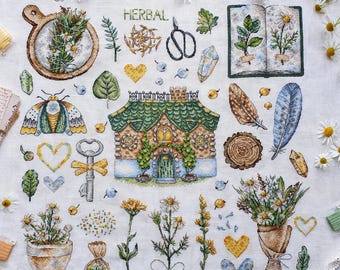Herbal Cottage Sampler Cross Stitch Pattern PDF - Fairy House, Flower & Moth Cross Stitch Design PDF Download - Botanical Cross Stitch Chart