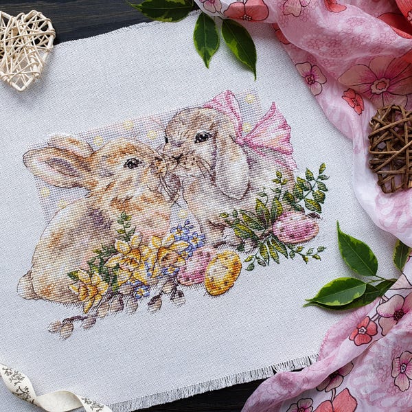 Easter Cross Stitch Pattern PDF - Cute Bunnies in Spring Flowers Cross Stitch Design - Spring Rabbits Easy Counted Cross stitch PDF
