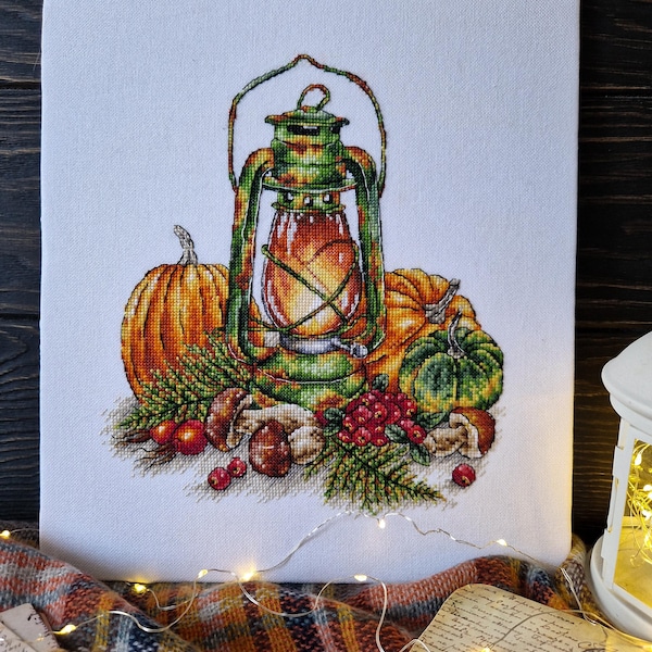 Autumn Lantern Cross Stitch Pattern – Cozy Fall Cross Stitch Design - Pumpkins, Mushrooms & Berries Counted Cross Stitch Download PDF