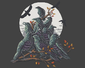 Ravens Cross Stitch Pattern PDF | Gothic Birds Embroidery Chart | Dark Crow Design Digital Download