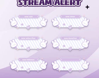 May include: A digital graphic featuring six animated stream alert overlays in a soft purple color scheme. Each overlay has a bunny design and text labels such as "new raid", "new cheer", "new subscriber", "new donation", and "new follower".