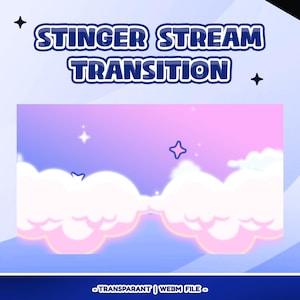 May include: A digital graphic with the text "STINGER STREAM TRANSITION" in blue and white. The background features a dreamy sky with pink and purple hues, fluffy clouds, and stars. The bottom of the graphic reads "TRANSPARANT | WEBM FILE".