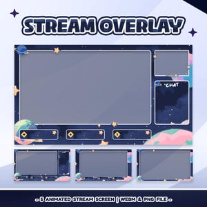 Op de afbeelding: Een digitaal stream overlay-ontwerp met een ruimtethema. Het ontwerp heeft een donkerblauwe achtergrond met planeten, sterren en een chatbox. De tekst "STREAM OVERLAY" staat bovenaan. Bevat 5 geanimeerde stream schermen.