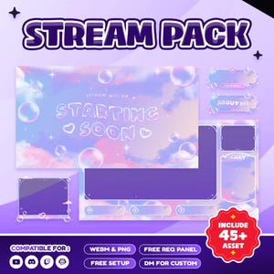 Op de afbeelding: Een digitaal stream pack met een dromerig, pastel kleurenschema. Het ontwerp bevat een "Starting Soon" scherm, chatboxen en andere overlay elementen. Het pack is compatibel met meerdere platforms en bevat meer dan 45 assets.