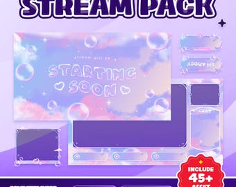 Bubble Clouds Animated Stream Overlay Pack voor Twitch Kick YouTube – Pastel Sky-thema met wolken, bubbels en schattige kawaii-esthetiek Y2k