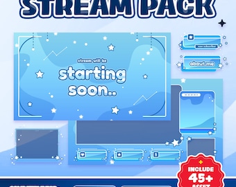 Pakiet animowanej nakładki na strumień Blue Star dla Twitch Kick YouTube – uroczy jasnoniebieski motyw z błyszczącymi gwiazdkami, zabawny, czysty styl kreskówkowy