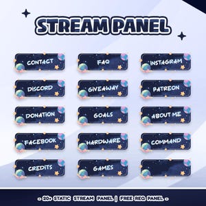 Op de afbeelding: Een set van 12 stream-panelen met een ruimtethema. Elk paneel is een donkerblauwe rechthoek met witte tekst en een planeetgrafiek. De panelen bevatten opties voor contact, FAQ, Instagram, Discord en meer.