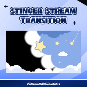 Puede incluir: Gráfico digital con el texto "STINGER STREAM TRANSITION" en azul y blanco. El diseño presenta un cielo azul con nubes blancas, estrellas amarillas y una estrella fugaz. La parte inferior del gráfico incluye el texto "TRANSPARANT | WEBM FILE".