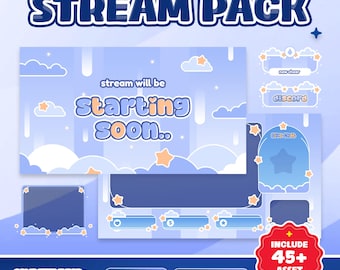 Pakiet animowanych nakładek na transmisję Dreamy Sky dla Twitch Kick YouTube – uroczy jasnoniebieski motyw z błyszczącymi gwiazdkami, zabawny kształt w kreskówkowym stylu