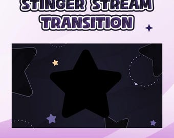 May include: A digital graphic with the text "STINGER STREAM TRANSITION" in white and purple. The background is dark blue with star shapes and a large black star in the center. The bottom banner reads "TRANSPARANT | WEBM FILE".