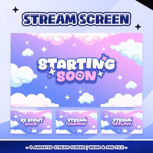 Pastel Sky Animated Stream Screens for Twitch Kick YouTube – Fluffy Clouds with Pink-Blue Gradient, Sparkling Stars, Cozy Pastel Atmosphere