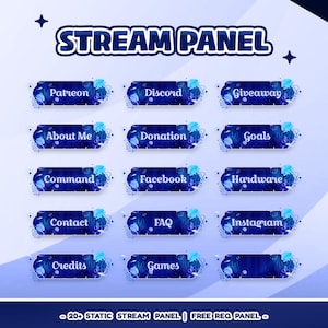 May include: A digital stream panel design with a blue and white aquatic theme. The panel includes buttons for Patreon, Discord, Giveaway, About Me, Donation, Goals, Command, Facebook, Hardware, Contact, FAQ, Instagram, Credits, and Games.