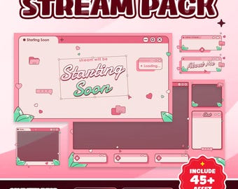 Kawaii UI geanimeerd stream-overlaypakket voor Twitch OBS, schattig bureaubladthema, pastelroze ramen, zwevende pictogrammen, gezellige digitale esthetiek