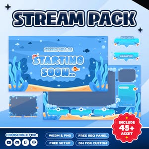 May include: A digital stream pack with an underwater theme. The design features blue and tan colors, with text that reads "STREAM PACK" and "STARTING SOON." Includes 45+ assets. Compatible with various platforms.