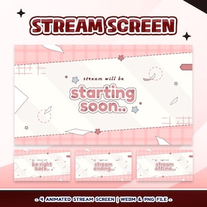 Può includere: Design per schermo di streaming animato rosa e bianco con la scritta "STREAM SCREEN" in alto. Lo schermo principale dice "stream will be starting soon..". Sotto ci sono tre schermi più piccoli con la scritta "be right back..", "stream ending.." e "stream offline..".