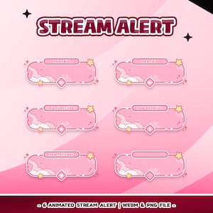 Pode incluir: Gráficos de alerta de transmissão animados em rosa com o texto "STREAM ALERT". Os gráficos incluem caixas de texto com rótulos como "new raid", "new subscriber" e "new follower". Cada caixa tem um design de nuvem e estrelas.