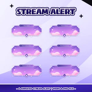 Peut inclure: Graphique numérique avec le texte "STREAM ALERT" en violet et blanc. L'image présente six boîtes d'alerte animées avec des arrière-plans de nuages et d'étoiles, étiquetées pour les nouveaux raids, les encouragements, les abonnés, les dons et les followers. Le texte inférieur indique "- 6 ANIMATED STREAM ALERT | WEBM & PNG FILE -"