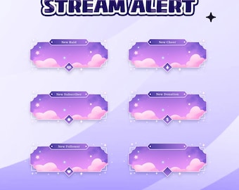 Verträumte Pastellhimmel Animierte Stream Warnung für Twitch Kick YouTube - Niedliche Pop-Up Benachrichtigungen Rosa Wolken, leuchtende Mondsichel und Sterne