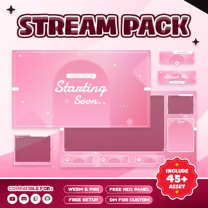 Puede incluir: Un gráfico de paquete de transmisión digital rosa y blanco con el texto "STREAM PACK" en la parte superior. El diseño incluye una pantalla "Starting Soon", cuadros de chat y otros activos de transmisión. El paquete incluye 45+ activos.