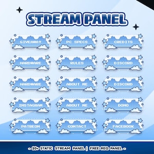 May include: A set of 12 blue and white stream panels with cloud and star designs. Each panel has a different text label, including "Giveaway", "PC Specs", "Credits", "Hardware", "Rules", "Discord", "Instagram", "About Me", "Dono", "Patreon", "Contact", and "Facebook".