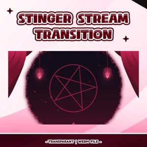 以下が含まれることがあります： スタイリッシュなフォントで「STINGER STREAM TRANSITION」というテキストが入ったデジタルグラフィック。デザインは、円形のフレーム内に暗い赤色の五芒星、装飾要素、そして「TRANSPARANT | WEBM FILE」というテキストが特徴です。背景はピンクと赤のグラデーションです。